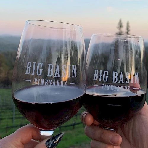The image shows two glasses of red wine being toasted with "Big Basin Vineyards" written on the glasses, set against a vineyard backdrop.