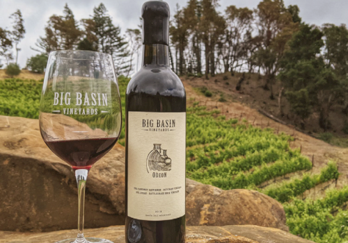 A bottle of wine and a filled wine glass labeled "Big Basin Vineyards" on a rock, with a vineyard and trees in the background under a cloudy sky.